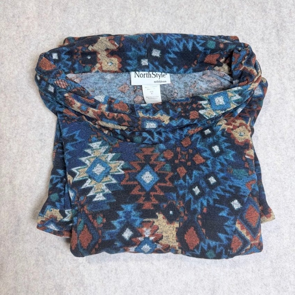 NorthStyle Dress Womens M Blue Poly Knit Southwestern Cowl Neck Boho Western